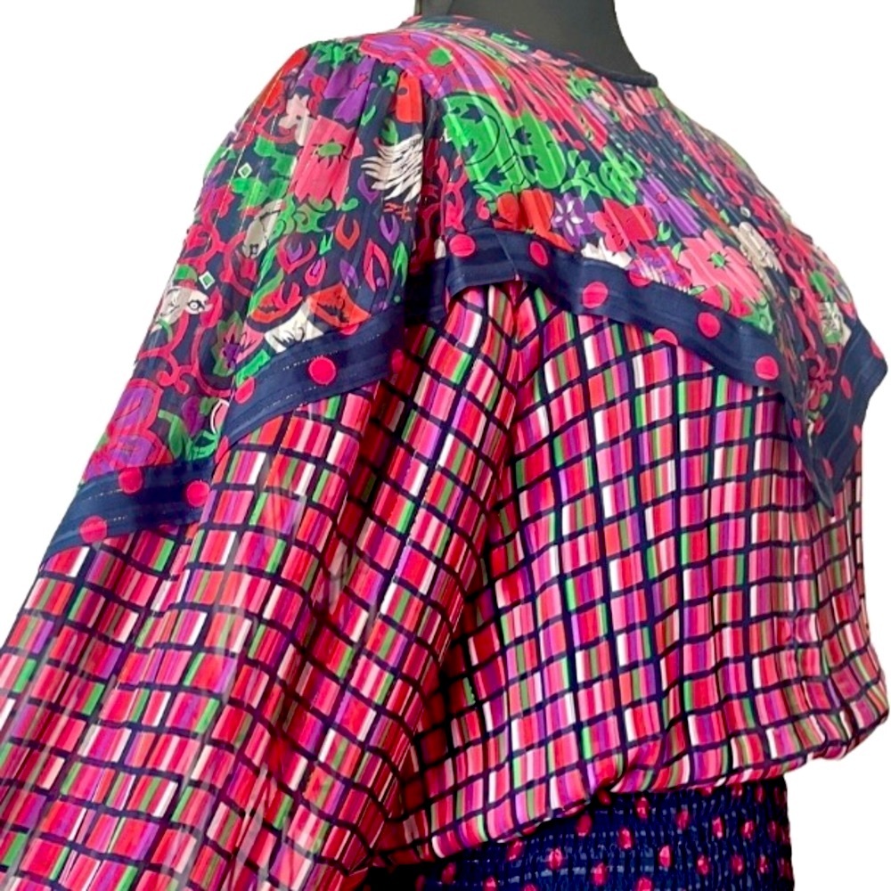 Diane Freis Dress 1980s Vintage Designer Dress Trendy Colorful Pleat Ruche Waist - Picture 4 of 10